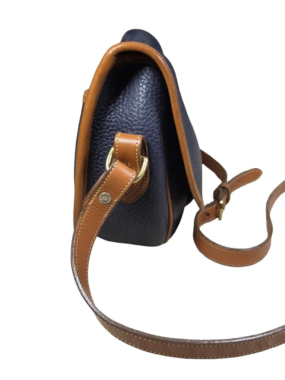 Vintage Dooney & Bourke Cavalry Trooper Saddle Bag Navy Blue Tan AWL Crossbody